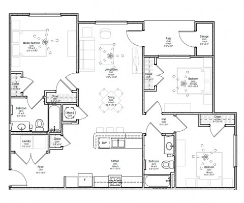 Floor plan for 3 beds, 2 baths, 1194 sqft